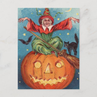 Halloween Witch, Pumpkin & Owl Vintage Holiday Postcard