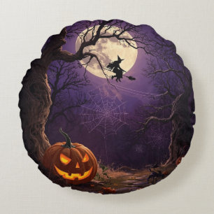 Halloween Witch & Pumpkin Round Pillow