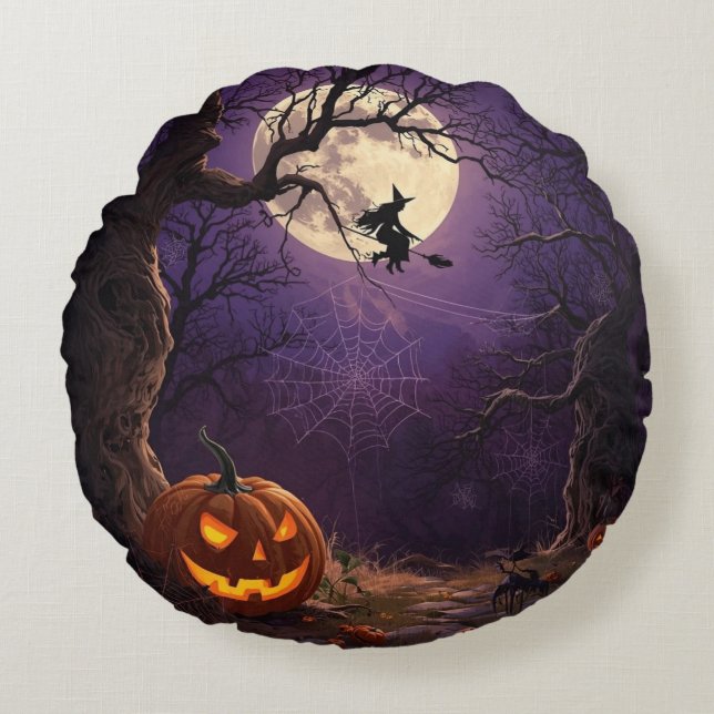 Halloween Witch & Pumpkin Round Pillow (Front)