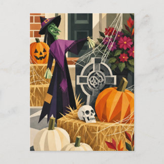 Halloween Witch & Pumpkins Geometric Art Postcard