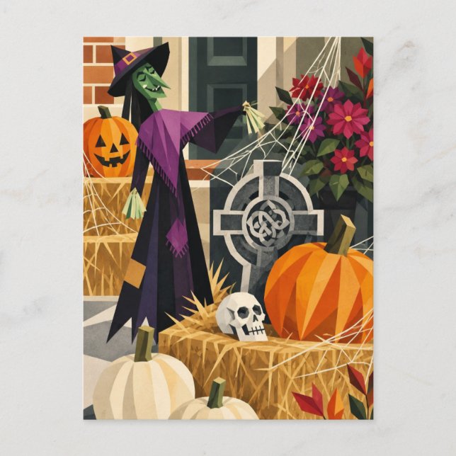 Halloween Witch & Pumpkins Geometric Art Postcard (Front)