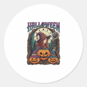 Halloween Witch Pumpkins Moon Phases_1 Classic Round Sticker