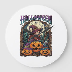 Halloween Witch Pumpkins Moon Phases_1 Large Clock