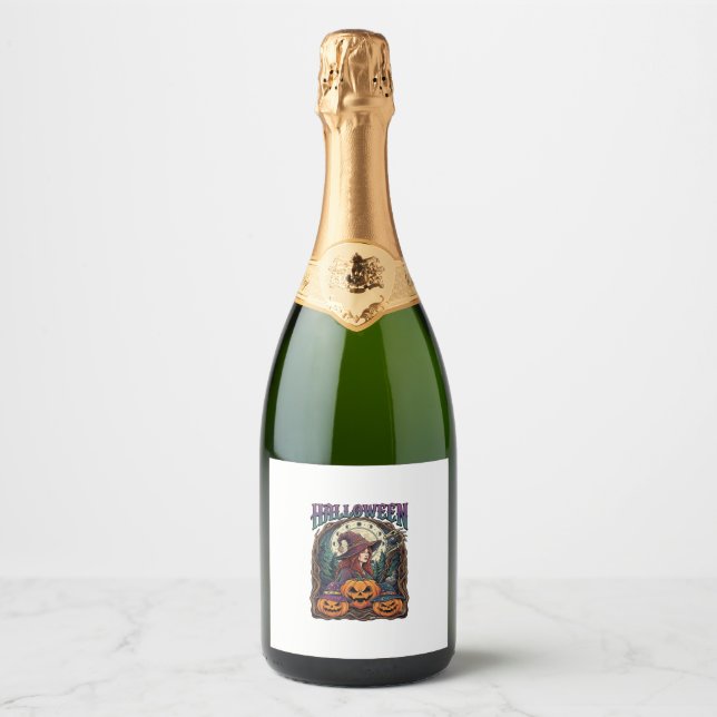 Halloween Witch Pumpkins Moon Phases_1 Sparkling Wine Label (Front)