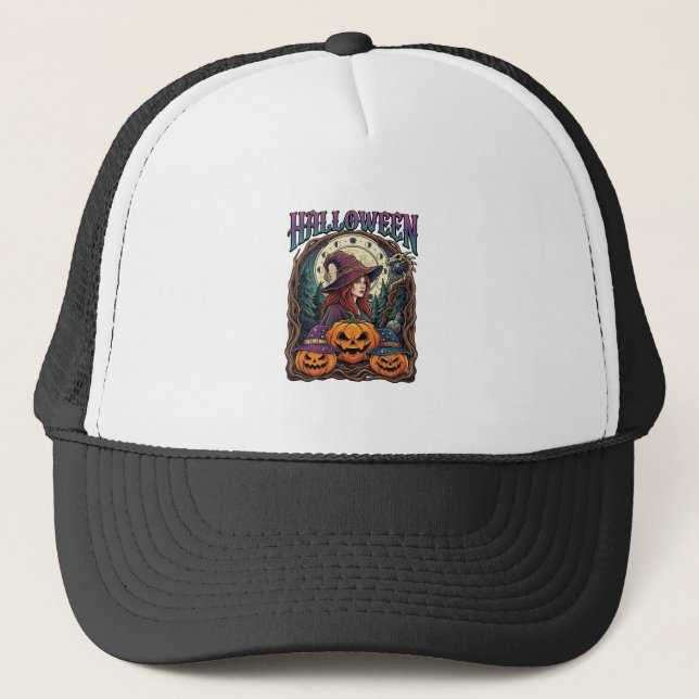 Halloween Witch Pumpkins Moon Phases_1 Trucker Hat (Front)