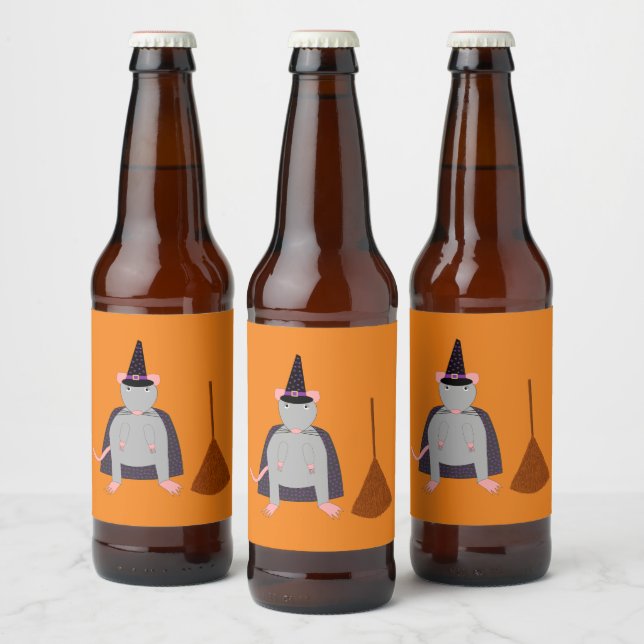 Halloween Witch Rat and Broom Beer Bottle Label (Bottles)