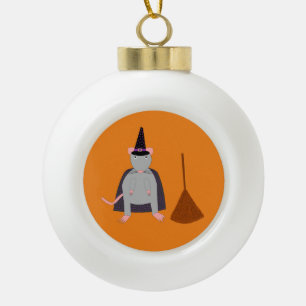 Halloween Witch Rat and Broom Ceramic Ball Christmas Ornament
