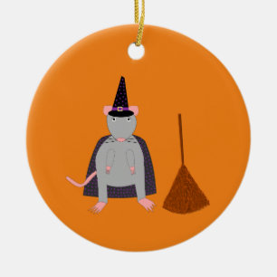 Halloween Witch Rat and Broom Custom Ceramic Tree Decoration