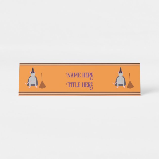 Halloween Witch Rat and Broom Custom Desk Name Plate (Front)