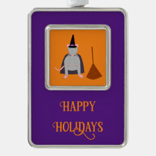 Halloween Witch Rat and Broom Custom Silver Plated Framed Ornament