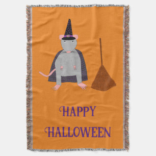 Halloween Witch Rat and Broom Custom Throw Blanket