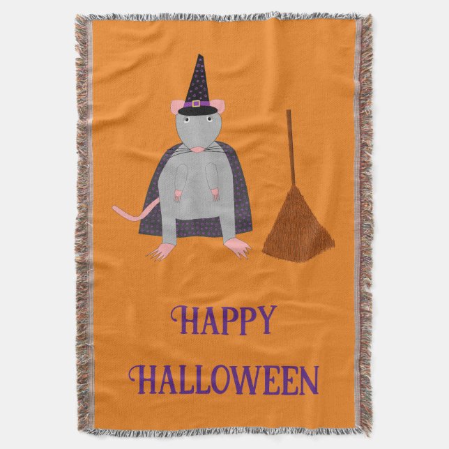 Halloween Witch Rat and Broom Custom Throw Blanket (Front Vertical)