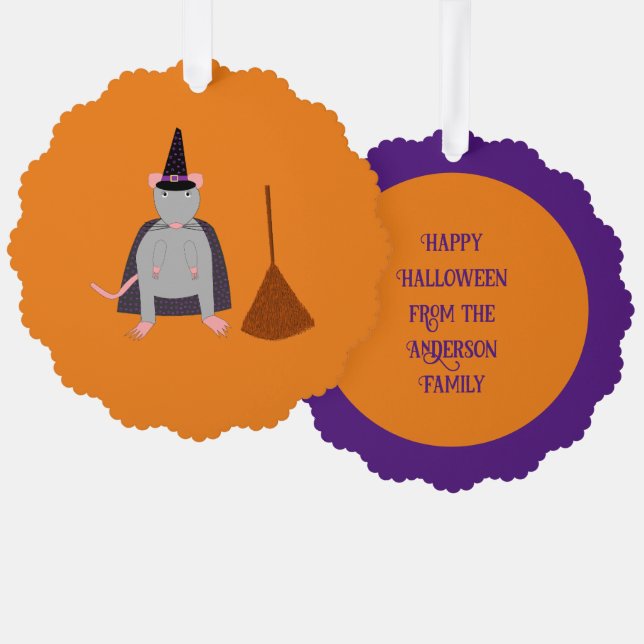 Halloween Witch Rat and Broom Custom Tree Decoration Card (Front/Back)