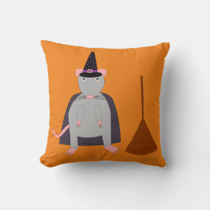 Halloween Witch Rat and Broom Double Sided Cushion