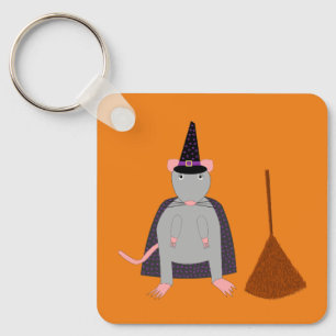 =Halloween Witch Rat and Broom Double Sided Key Ring