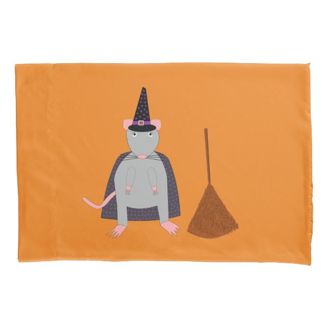 Halloween Witch Rat and Broom Double Sided Pattern Pillowcase (Front)