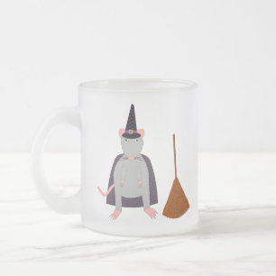Halloween Witch Rat and Broom Frosted Glass Coffee Mug