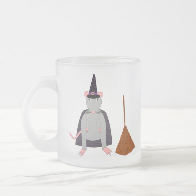 Halloween Witch Rat and Broom Frosted Glass Coffee Mug (Left)