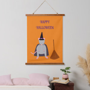 =Halloween Witch Rat and Broom Hanging Tapestry