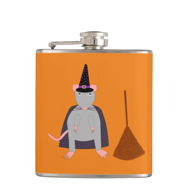 Halloween Witch Rat and Broom Hip Flask (Front)