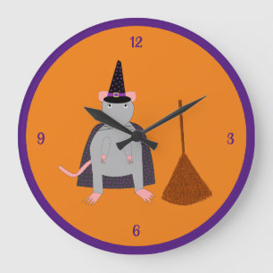 Halloween Witch Rat and Broom Large Clock