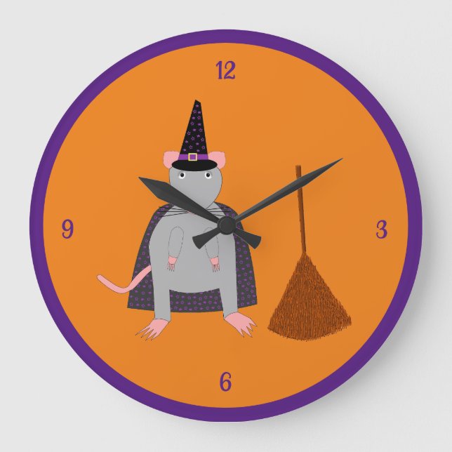 Halloween Witch Rat and Broom Large Clock (Front)