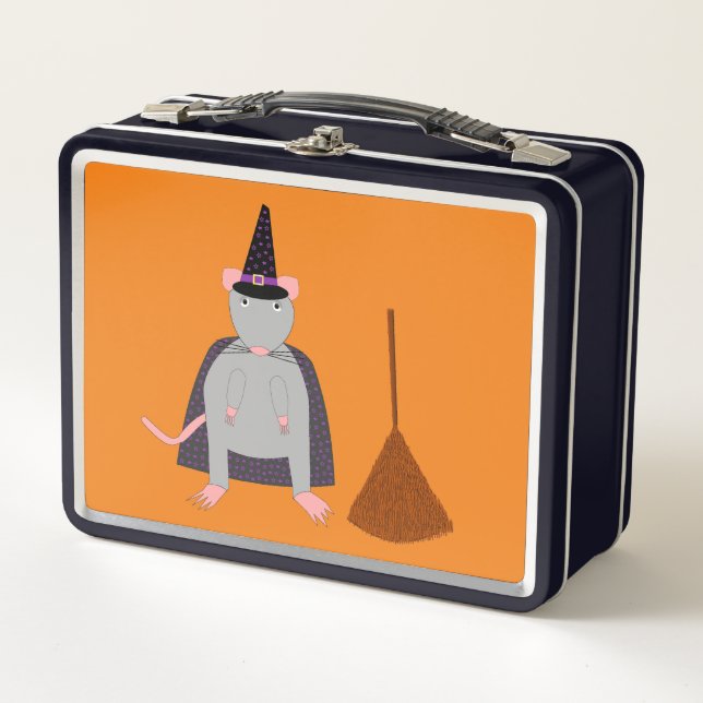 Halloween Witch Rat and Broom Metal Lunch Box (Front)