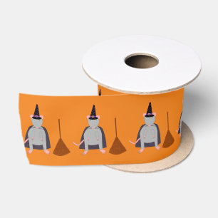 Halloween Witch Rat and Broom Patterned Satin Ribbon