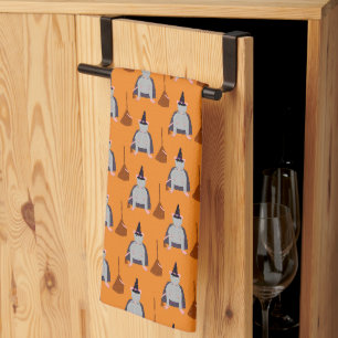 Halloween Witch Rat and Broom Patterned Tea Towel