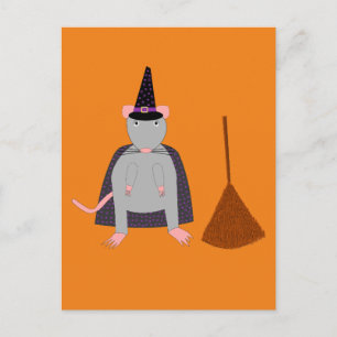 Halloween Witch Rat and Broom Postcard