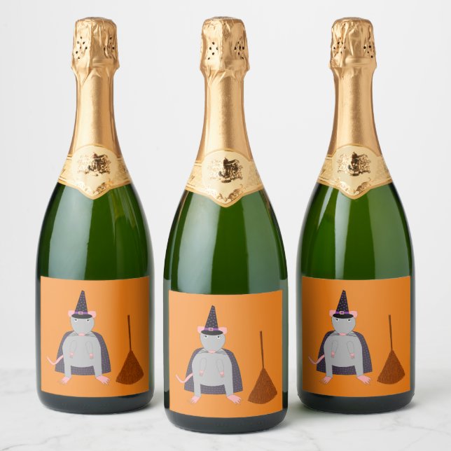 Halloween Witch Rat and Broom Sparkling Wine Label (Bottles)