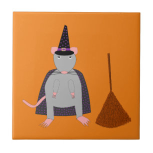 =Halloween Witch Rat and Broom Tile