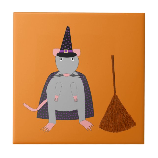 =Halloween Witch Rat and Broom Tile (Front)