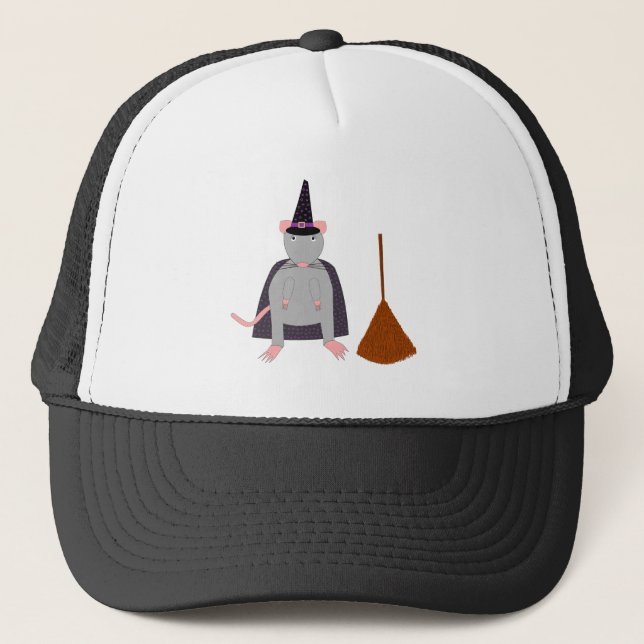 Halloween Witch Rat and Broom Trucker Hat (Front)
