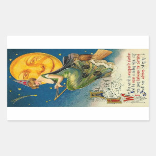 Halloween Witch Riding By Vintage Rectangular Sticker