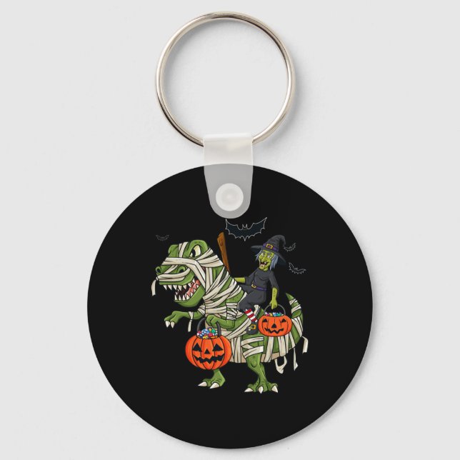 Halloween Witch Riding T Rex Fun Boys Girls Kids  Key Ring (Front)