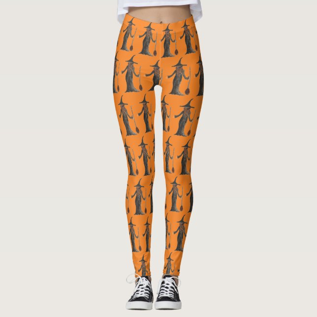 Halloween Witch Scary Cute Pattern Orange Fall Leggings (Front)