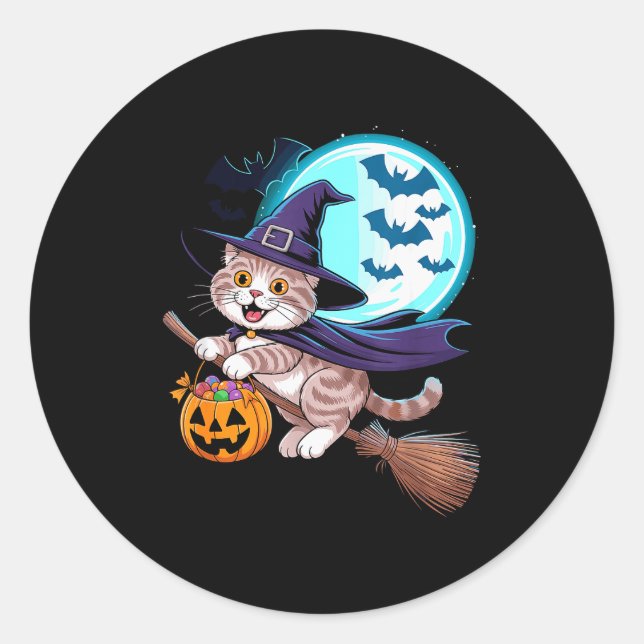 Halloween Witch Scottish Fold Moon Coupari  Classic Round Sticker (Front)