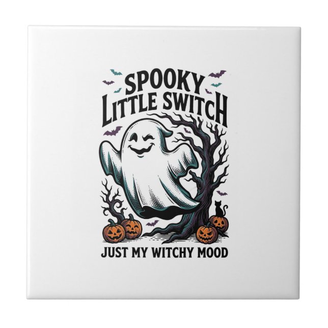 Halloween Witch Shirt Vintage Ghost Humour Design_ Tile (Front)