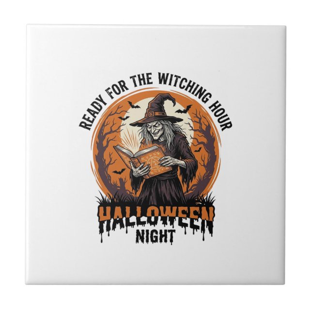 Halloween Witch Shirt Vintage Spellbook Reading De Tile (Front)
