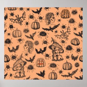 Halloween Witch Silhouette: Cartoon Pattern. Poster