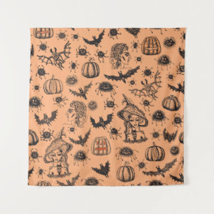 Halloween Witch Silhouette: Cartoon Pattern. Tapestry