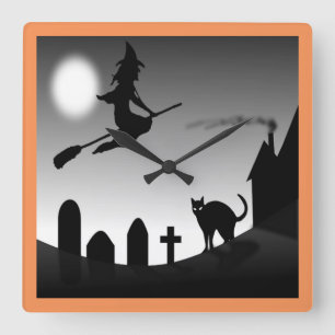 HALLOWEEN WITCH SILHOUETTE SQUARE WALL CLOCK