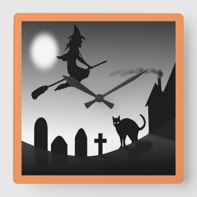 HALLOWEEN WITCH SILHOUETTE SQUARE WALL CLOCK (Front)