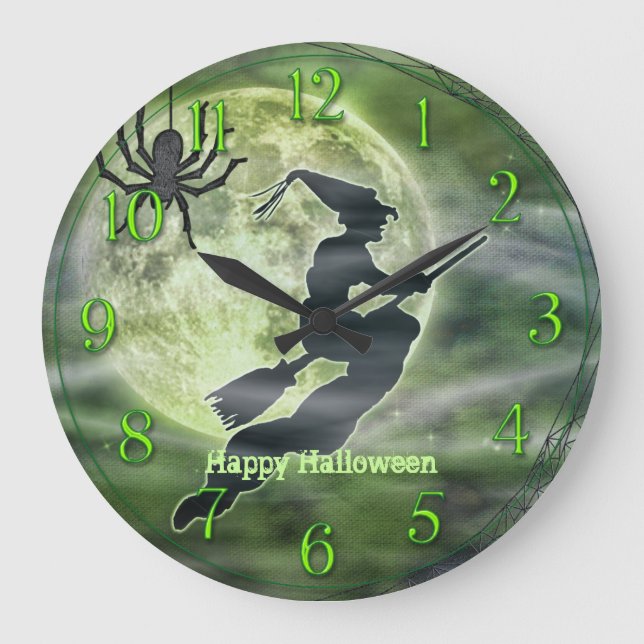 Halloween Witch Silhouette with Spider Large Clock (Front)
