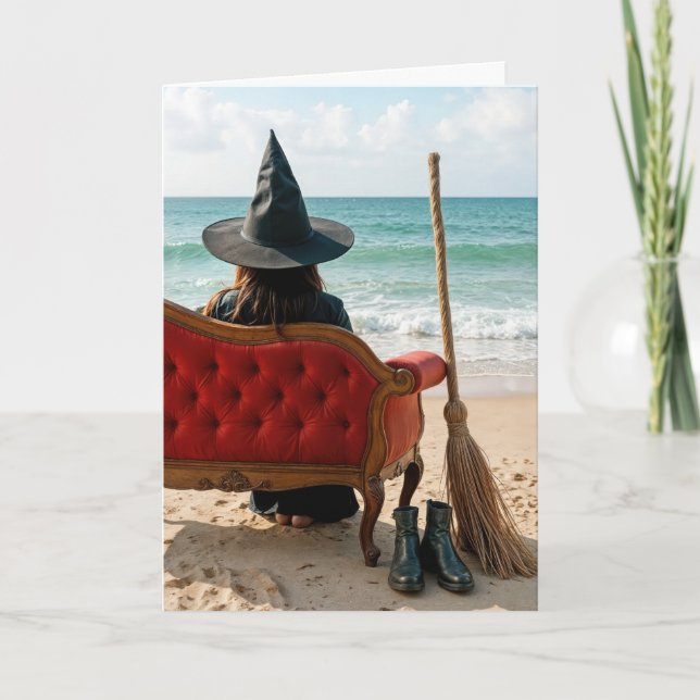 Halloween Witch Sitting On a Seashore Sofa Card (Front)