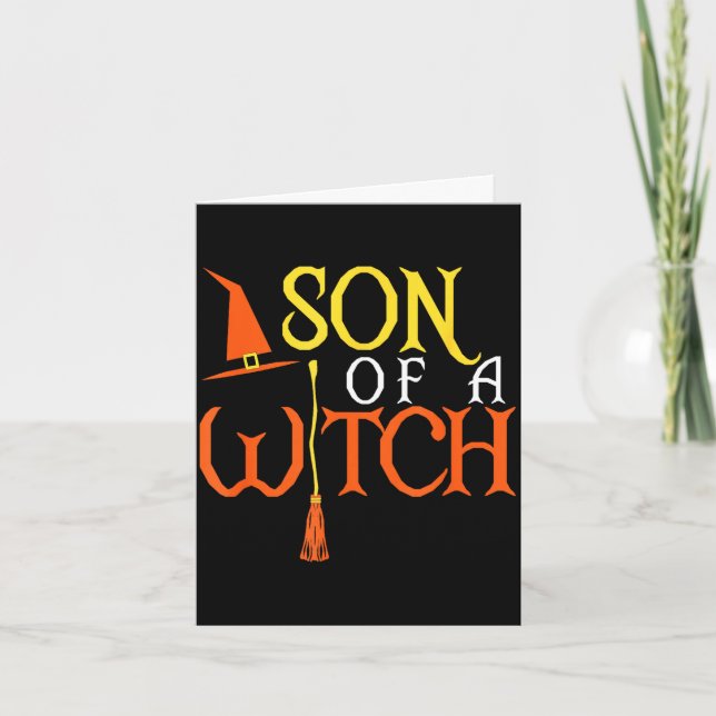 Halloween witch son hat and broom stick trick  card (Front)