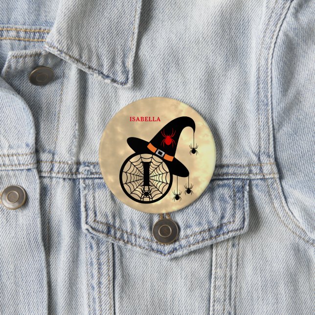 Halloween Witch Spider Monogram I Custom Name 7.5 Cm Round Badge (In Situ)