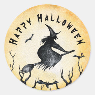Halloween Witch Spooky Black Bats Classic Round Sticker