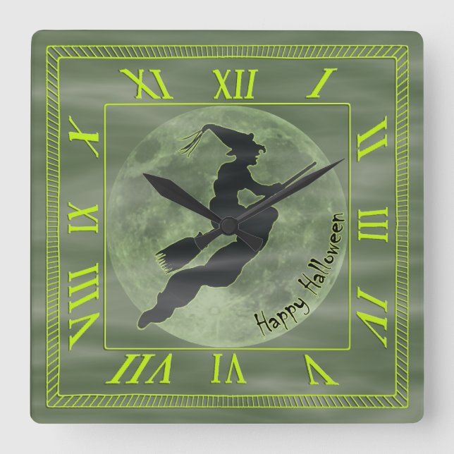 Halloween Witch - Square Clock with Roman Numerals (Front)